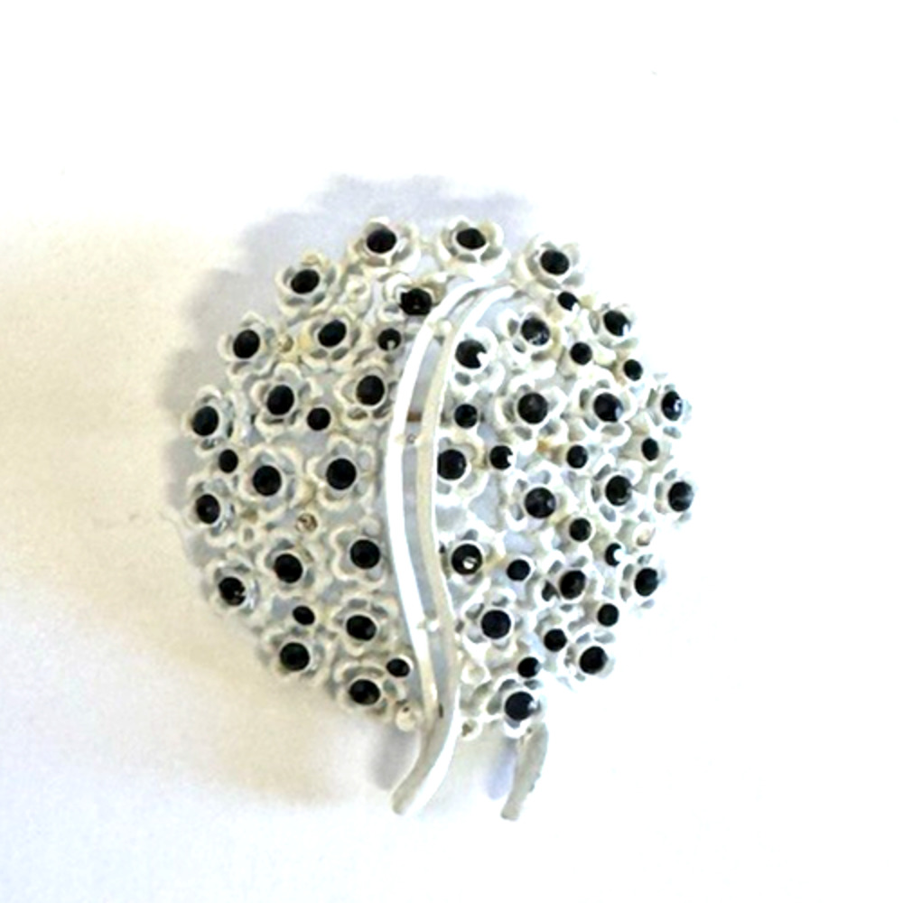 Vintage White Enamel with Black Rhinestone Floral Pin Brooch 1960s